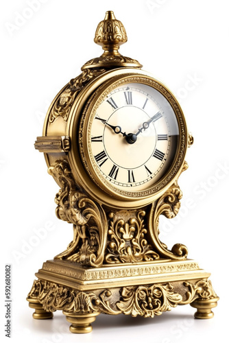 3D illustration of classic vintage table clock isolated on white background. Classic and retro style clock design gives the feeling of having an antique clock.