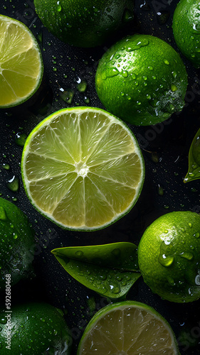 Fresh Lime background, adorned with glistening droplets of water, top down view. © Melipo-Art