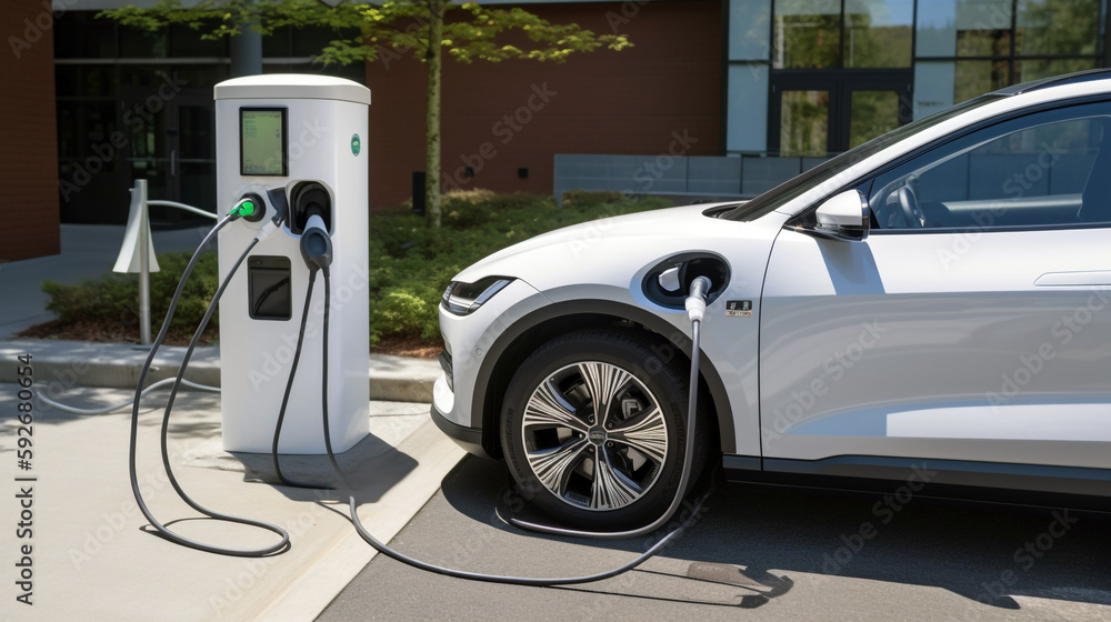 Naklejka premium electric car connected to a charging station. Generative Ai