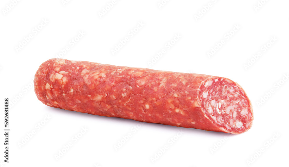 Top view of delicious whole salami isolated on white Top view of delicious whole salami isolated on white