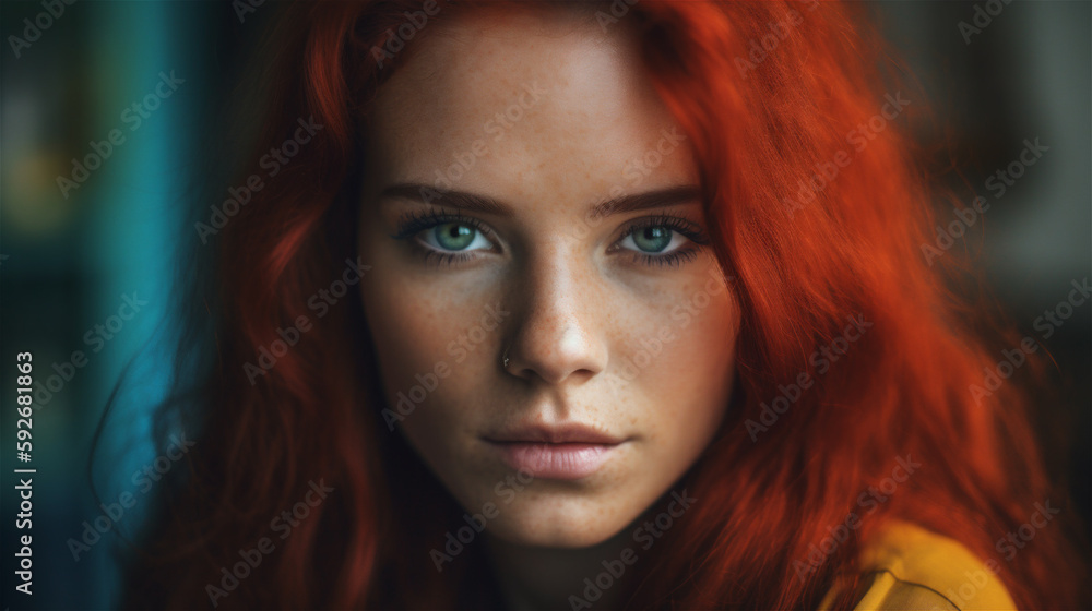 Portrait of woman with intense eyes looking into the camera with red hair, ginger hair and freckles, generative AI Portrait of woman with intense eyes looking into the camera with red hair, ginger hair and freckles, generative AI