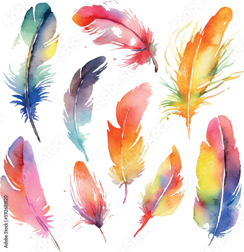 Vector Watercolor feathers illustration set - colorful watercolor feathers collection. Wedding stationary, greetings, wallpapers