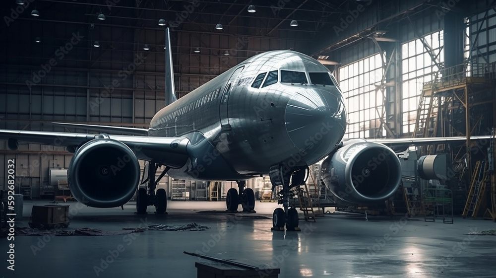 Old plane in the hangar. Generative AI Old plane in the hangar. Generative AI