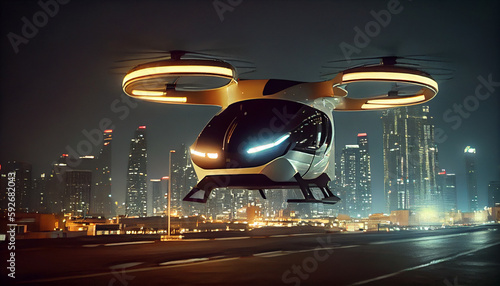 A futuristic helicopter makes a landing at night in the city. Generative AI