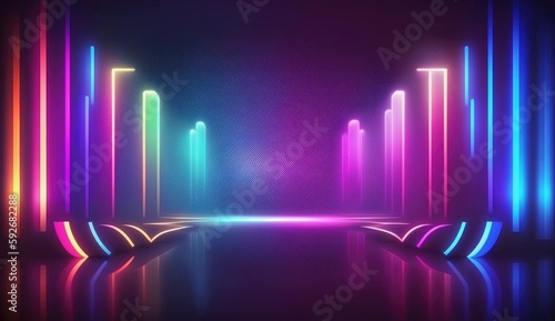 A dreamy futuristic neon lightshow background - Lightshow backdrop with neon style elements - Future dreamy style of a neon lightshow wallpaper - Created with Generative AI technology