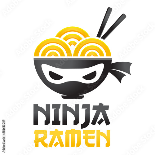Modern vector simple ninja noodle logo design icon template. Japanese ramen vector illustration for brand, cafe, restaurant, bar. Isolated on white background