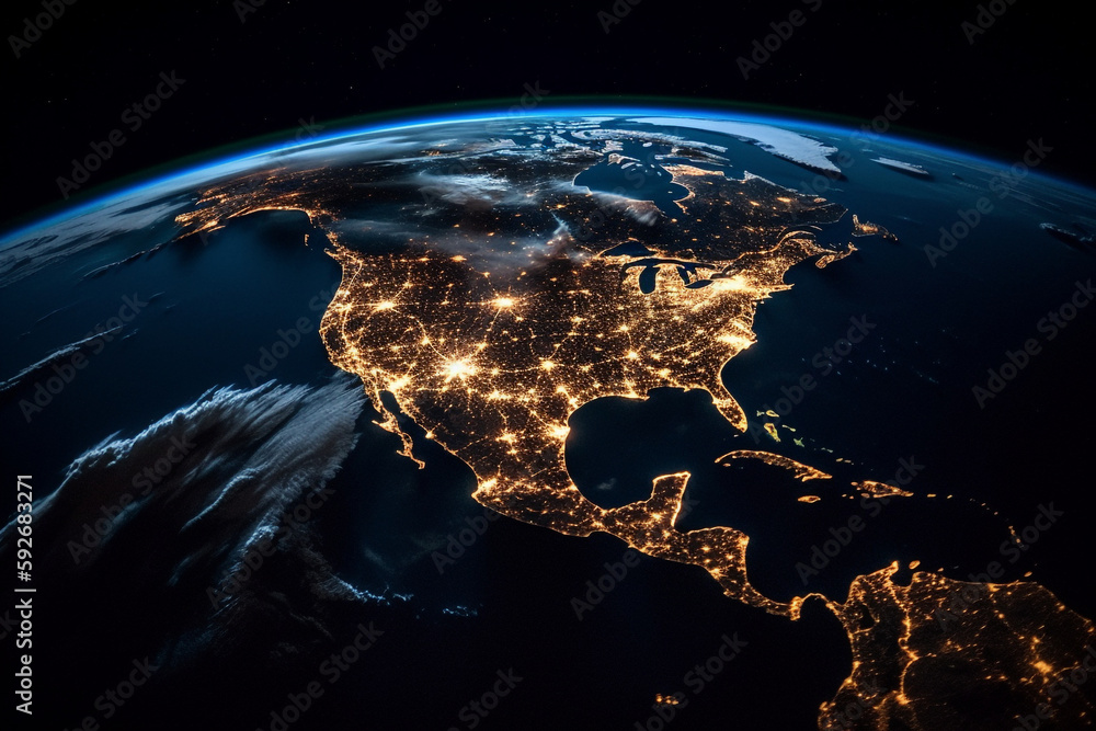 Obraz premium Earth from space at night with city lights. global overview. generative ai