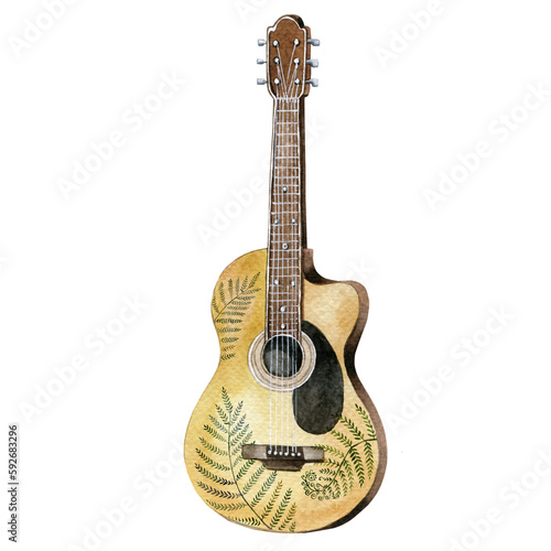 An old guitar illustration with fern pattern