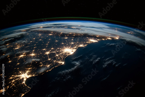 Earth from space at night with city lights. global overview. generative ai