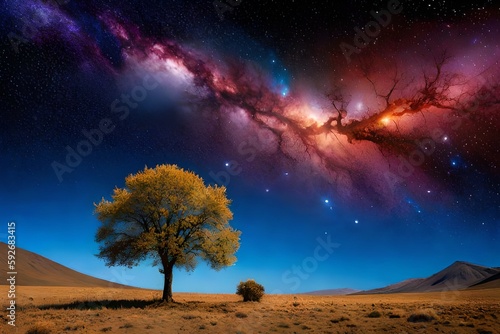 Der einsame Baum in der leuchtenden Galaxie, generative KI photo