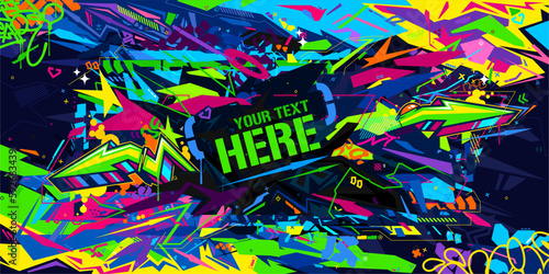 Trendy Abstract Urban Neon Futuristic Geometric Graffiti Style Background Vector Illustration