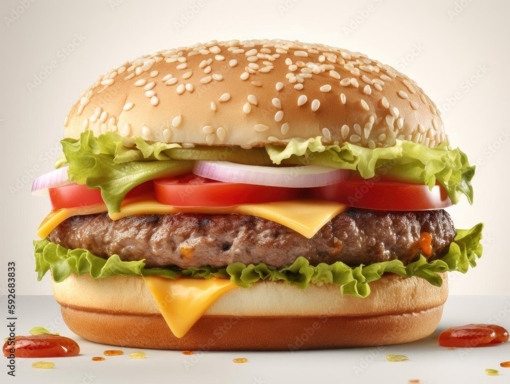 Close-Up Shot of Delicious Cheeseburger with Crispy Top Right. Close-Up Shot of Delicious Cheeseburger with Crispy Top Right.