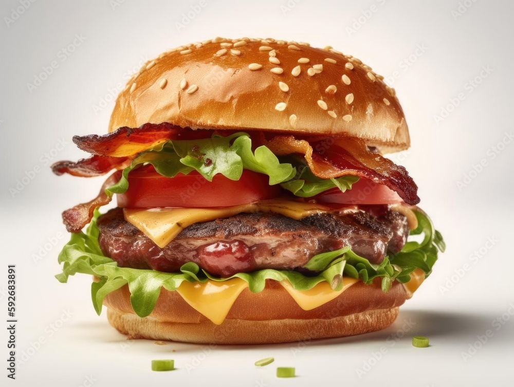 Delicious cheeseburger close-up with crispy bacon.