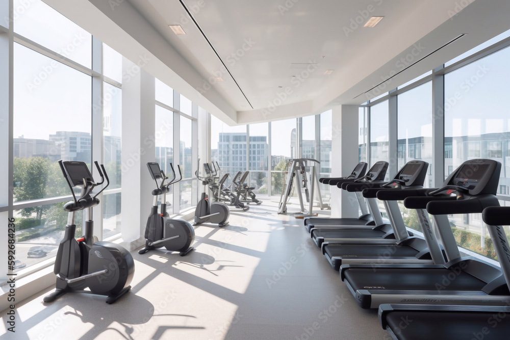 Modern gym, light walls and plenty of cardio equipment. Modern equipment in new gym. AI Generated Modern gym, light walls and plenty of cardio equipment. Modern equipment in new gym. AI Generated