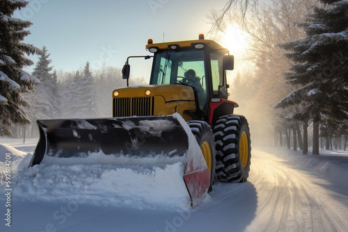 snow clearing. Tractor clears the way after heavy snowfall. Excavator removes snow after a snowfall. AI Generated