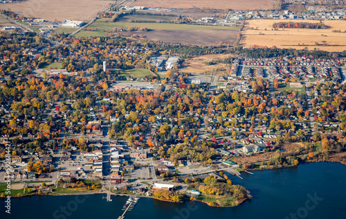 An Aerial view of the town of Scugog, Ontario, with the waterfront in the foreground.