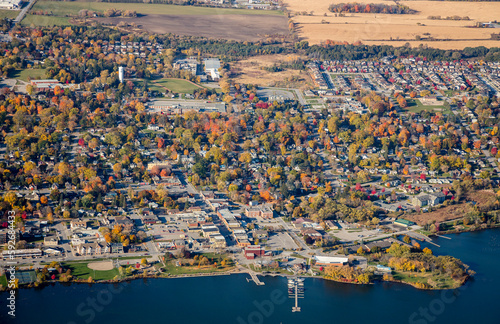 An Aerial view of the town of Scugog, Ontario, with the waterfront in the foreground. photo