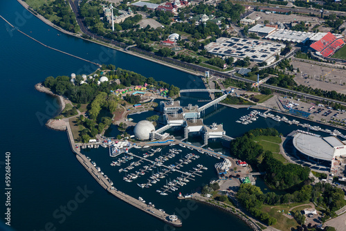 An aerial view of Toronto waterfront with exhibition place and Ontario place.