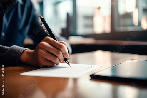 A close-up shot of a person's hand signing a document with a pen on a desk, with a blurred office background.