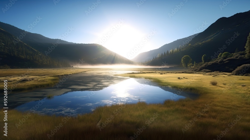 landscape with mountains, forest and a river, beautiful scenery. Generative AI