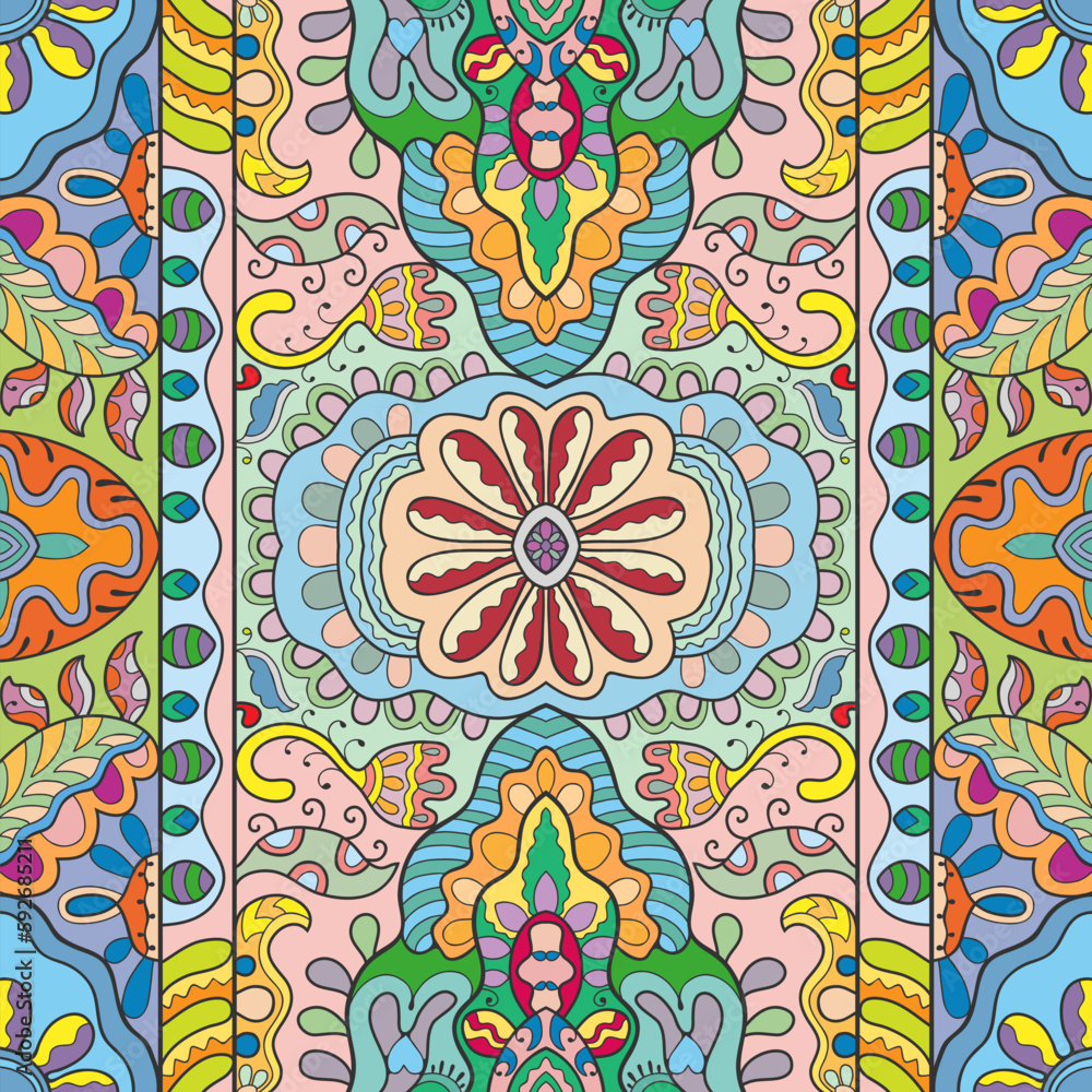 Fototapeta premium Hand drawn seamless graphic pattern, colorful artistic background with floral and geometric elements. Doodle ethnic mandala ornament for textile fabric, paper print. Surface texture 