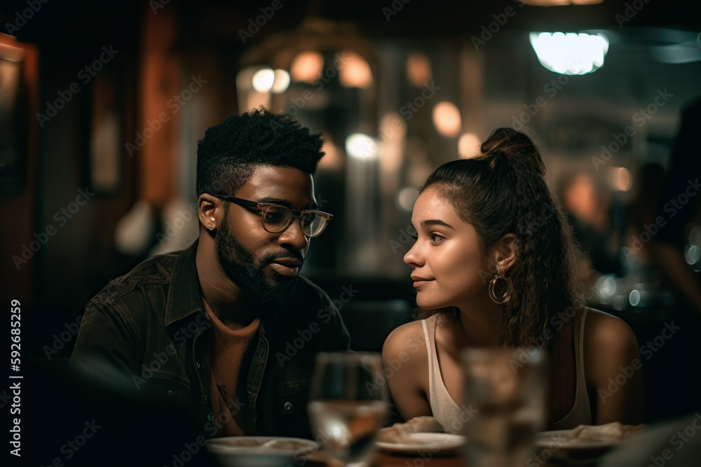 young interracial couple on a date in a restaurant. generated with AI