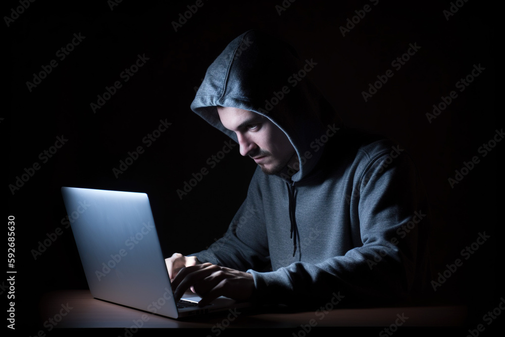 Hooded man sitting at a laptop on a dark background Generative AI Hooded man sitting at a laptop on a dark background Generative AI