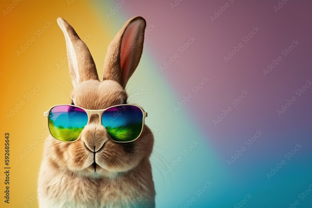 Cute Bunny rabbit with sunglasses on a colorful background  Generative AI