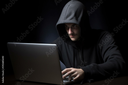 Hooded man sitting at a laptop on a dark background Generative AI