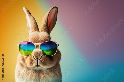 Cute Bunny rabbit with sunglasses on a colorful background Generative AI