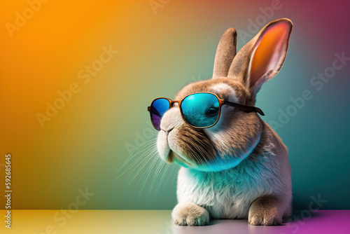 Cute Bunny rabbit with sunglasses on a colorful background Generative AI