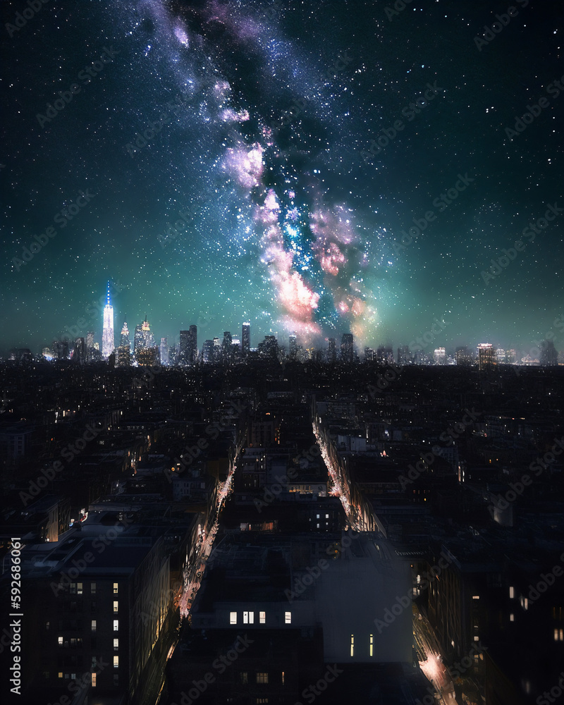A stunning, ultra-realistic illustration of Starry Night swirling and glowing in the night sky above a cityscape