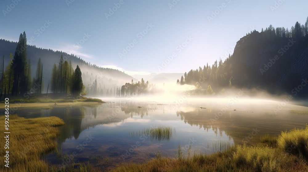 landscape with mountains, forest and a river, beautiful scenery. Generative AI