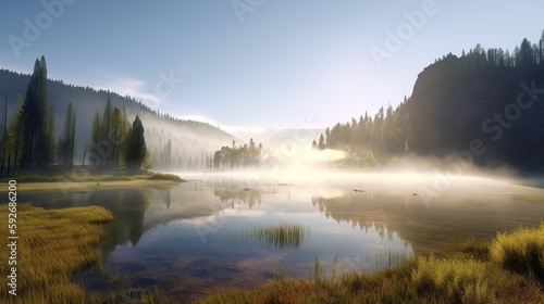 landscape with mountains, forest and a river, beautiful scenery. Generative AI © Natee Meepian