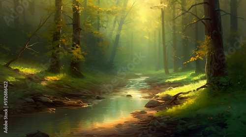 A painting of a serene forest background. © NoOneSaid