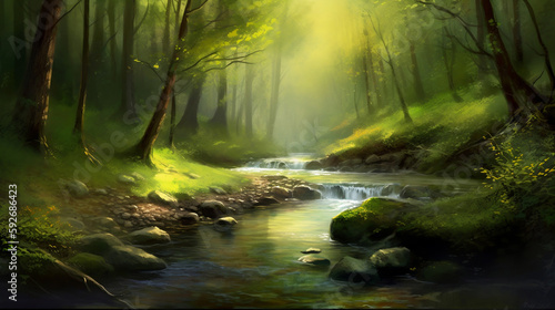 A painting of a green forest background.