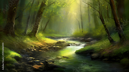 A painting of a green forest background.