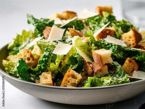 Fresh and Crispy Caesar Salad Close-up Shot in Drop Down Menu.