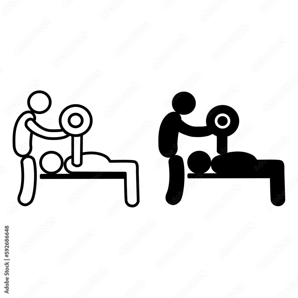 Fototapeta premium Strength training icons. Workout with a fitness trainer. Barbell workout. Sports Logo
