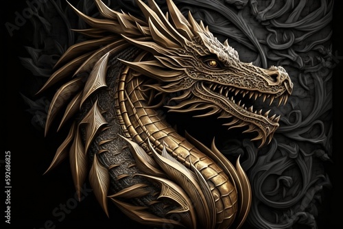A gold dragon carving on a dark background. AI © Usmanify