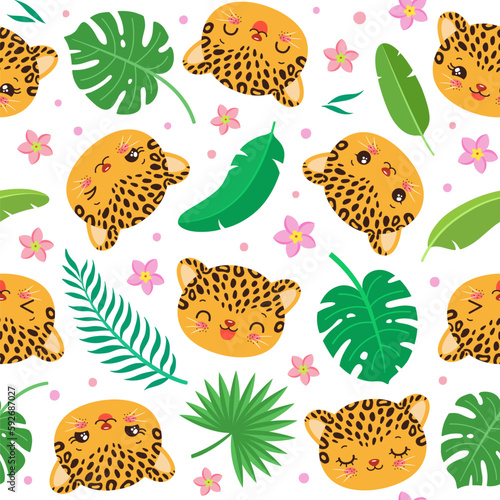 Cute cheetah seamless pattern. Leopard face kawaii style. Cartoon safari animal head. Palm leaves and tropical flowers. Summer repeat design for children fashion print, textile fabric, paper, so on.