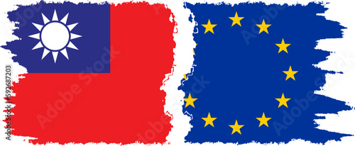 EU and Taiwan grunge flags connection vector