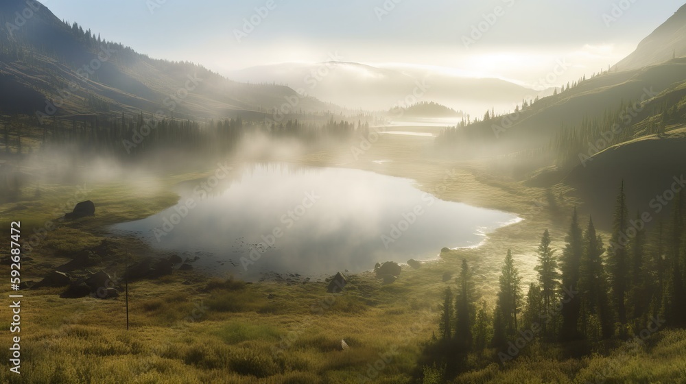 landscape with mountains, forest and a river, beautiful scenery. Generative AI landscape with mountains, forest and a river, beautiful scenery. Generative AI