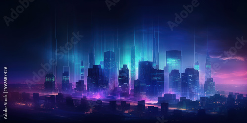 Modern City Skyline in Blue and Purple Hues