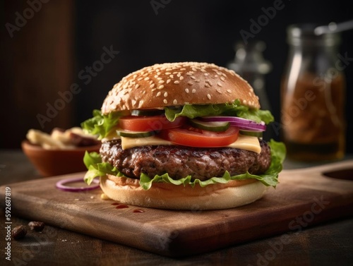 A Close-Up Shot of a Freshly Made Beef Burger Served on Top Right, Standard Size.