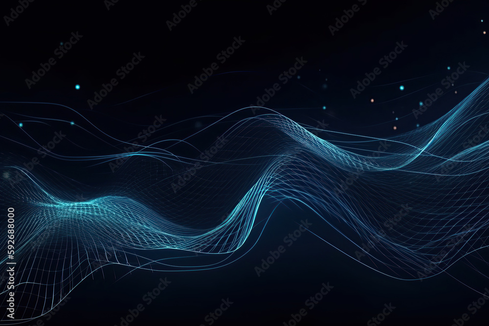 Abstract wave technology background, moving dots and lines, flow of particles. Cyber connection concept illustration, 3D rendering, created with Generative AI Abstract wave technology background, moving dots and lines, flow of particles. Cyber connection concept illustration, 3D rendering, created with Generative AI