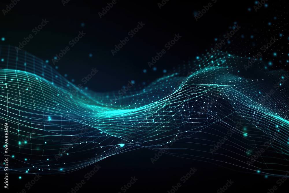 Abstract wave technology background, moving dots and lines, flow of particles. Cyber connection concept illustration, 3D rendering, created with Generative AI Abstract wave technology background, moving dots and lines, flow of particles. Cyber connection concept illustration, 3D rendering, created with Generative AI