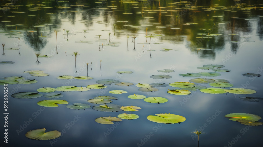 Lily pads float on the water, their reflections dancing below. Lily pads float on the water, their reflections dancing below.