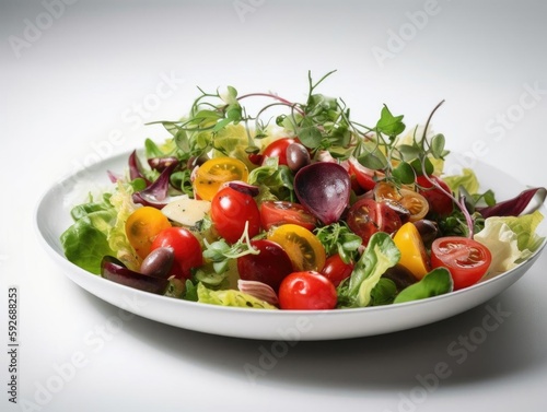 Freshly prepared salad with dropdown, close-up shot.