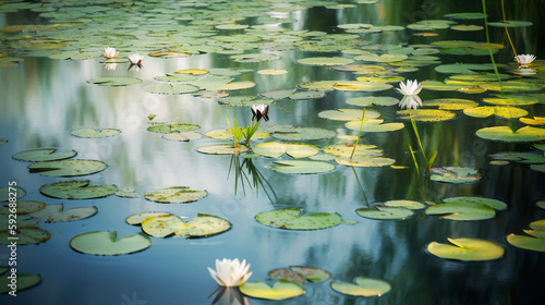 Lily pads float on the water, their reflections dancing below.